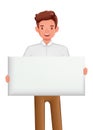 Businessman holding blank sign character design. 3d vector illustration