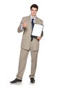 Businessman holding blank whiteboard showing thumb up Royalty Free Stock Photo