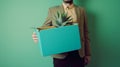 Businessman holding box aloe vera plant, Metaphor of diversity of unemployment, Royalty Free Stock Photo