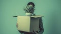 Businessman holding box aloe vera plant, Metaphor of diversity of unemployment, Business economic and nature