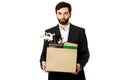 Businessman holding box with personal belongings.