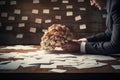 Businessman holding a bunch of crumpled papers on wooden table, business brain storm strategy ideas sharing hand paper document Royalty Free Stock Photo