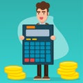 Businessman holding calculator with coin money for investment concept vector illustration Royalty Free Stock Photo