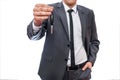 Businessman holding car keys isolated on white Royalty Free Stock Photo