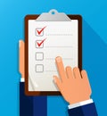 Businessman holding checklist. Questionnaire, clipboard, task list. Icon flat style