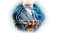 Businessman holding a cloud symbol over his hand