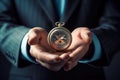 Businessman holding a compass in his hands. Close-up, Close up of businessman hand holding compass. Digital business concept, AI