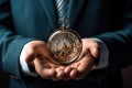 Businessman holding a compass in his hands. Close-up, Close-up of a businessman\'s hand holding a compass, Digital business