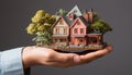 A businessman holding a cute cottage symbolizes home ownership generated by AI