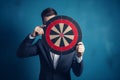 Businessman is holding dartboard. Focus on business target. by generative Ai