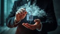 Businessman holding a digital padlock and clouds symbolizing secure cloud computing and data protection services Royalty Free Stock Photo