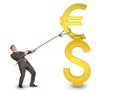 Businessman holding dollar and euro sign with rope Royalty Free Stock Photo