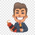 Businessman holding dynamite lighter and smiling. Funny character