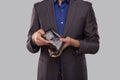 Businessman Holding Empty Wallet Close Up. Indian Business man No money, no Salary, No Cash Concept Royalty Free Stock Photo