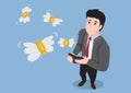 Businessman holding an empty wallet Gold coins fly out of the bag, vector illustration