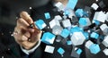 Businessman holding floating blue shiny cube network 3D rendering Royalty Free Stock Photo