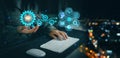 Businessman holding, Global network connection. Process data driven insight to make wise decisions. Using artificial intelligence