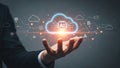 Businessman holding a glowing cloud with AI symbol, representing cloud computing and artificial intelligence Royalty Free Stock Photo