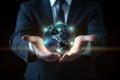 Businessman holding a glowing earth globe in his hands. 3D rendering, Businessman hand holding a global network hologram in his