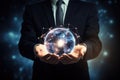 Businessman holding a glowing earth globe in his hands. 3D rendering, A businessman holds the global network connection in his Royalty Free Stock Photo