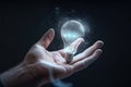 Businessman holding a glowing light bulb in his hand. 3D rendering, Realistic human hand holding a lightbulb, AI Generated