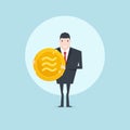 Businessman holding a golden Libra coin. Crypto currency virtual electronic money.