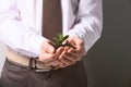 Businessman holding green seedling with soil, closeup Royalty Free Stock Photo