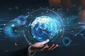Businessman holding on his hand a hologram of planet Earth. Concept of fintech industry at international business. Globe and tech Royalty Free Stock Photo
