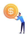 Businessman holding a huge dollar coin vector illustration.