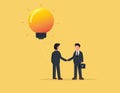 Businessman holding a huge light bulb and shaking hands with a businessman with briefcase.Concept business vector illustration Royalty Free Stock Photo