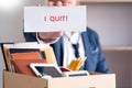 Businessman holding with I quit words card letter, resign employee Change of job concept