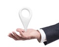 Businessman holding indicating location icon.3d rendering