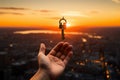 Businessman holding key model. Key of Success business concept, in the style of golden light, created with Generative AI Royalty Free Stock Photo