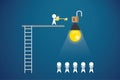 Businessman holding key to unlock master key with light bulb and team, idea and business concept