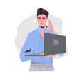 Businessman holding laptop guy model in casual trendy clothes male cartoon character portrait Royalty Free Stock Photo