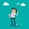 Businessman holding laptop on hoverboard talking on mobile phone. Isolated vector illustration Royalty Free Stock Photo