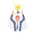 Businessman holding a large light bulbs in his hands. A big idea concept. Flat vector cartoon character illustration Royalty Free Stock Photo