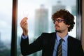 Businessman holding light bulb. Brain creative thinking ideas and innovation concept Royalty Free Stock Photo