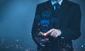 Businessman holding a light chatbot hologram intelligence AI. Digital chatbot, robot application. chat with AI Artifice Royalty Free Stock Photo