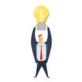 Businessman holding a lighted lamp with dollar sign over his head. Symbol of ideas, insights. Business concept, vector Royalty Free Stock Photo