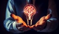 Businessman holding a lit light bulb and brain in his hand technology background Generative AI 2 Royalty Free Stock Photo