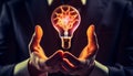 Businessman holding a lit light bulb and brain in his hand technology background Generative AI 2 Royalty Free Stock Photo