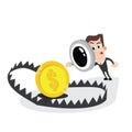 Businessman holding magnifier and looking at bear trap with money