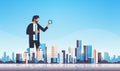 Businessman holding magnifying glass search concept over big modern city building skyscraper cityscape skyline flat Royalty Free Stock Photo