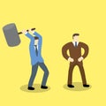 Businessman holding mallet hammer try to hurt another businessman on yellow background