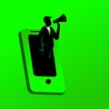 Businessman holding a megaphone coming through from smart phone