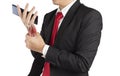 Businessman holding mobile feels wrist muscle pain from myositis , office syndrome Royalty Free Stock Photo