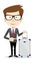 Businessman holding modern suitcase with wheels. Flat style Royalty Free Stock Photo