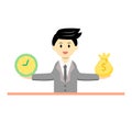 Businessman holding money bag and clock with his 2 hands. Time and money management concept. trying balance between time and money Royalty Free Stock Photo