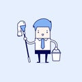 Businessman holding mop and bucket. Cleaning the workplace concept. Cartoon character thin line style vector.